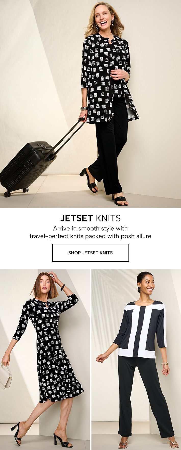 Jetset Knits - arrive in smooth style with travel-perfect knits packed with posh allure.