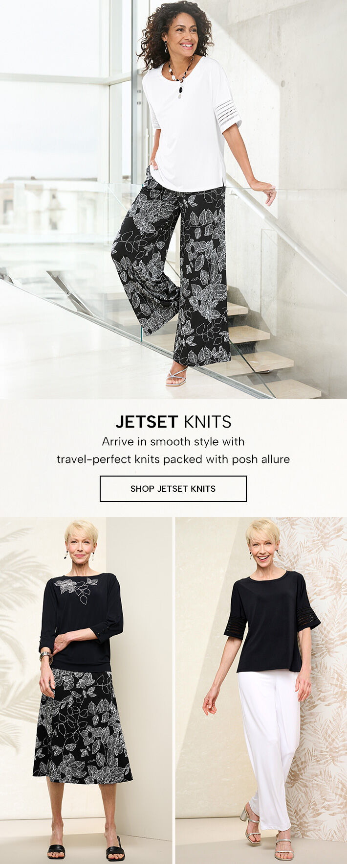 Jetset Knits - arrive in smooth style with travel-perfect knits packed with posh allure. Shop Jetset Knits