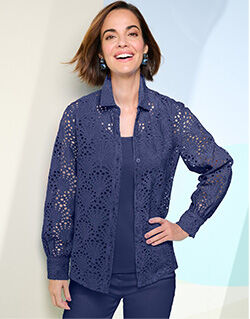 woman wearing blue eyelet top with matching tank underneath