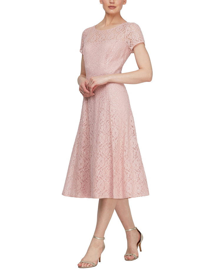 S.L. Fashions Cap Sleeve Tea Length Sequin Lace Dress image number 1