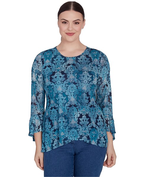 Ruby Rd® Wintery Glow Knit Damask Mesh Top