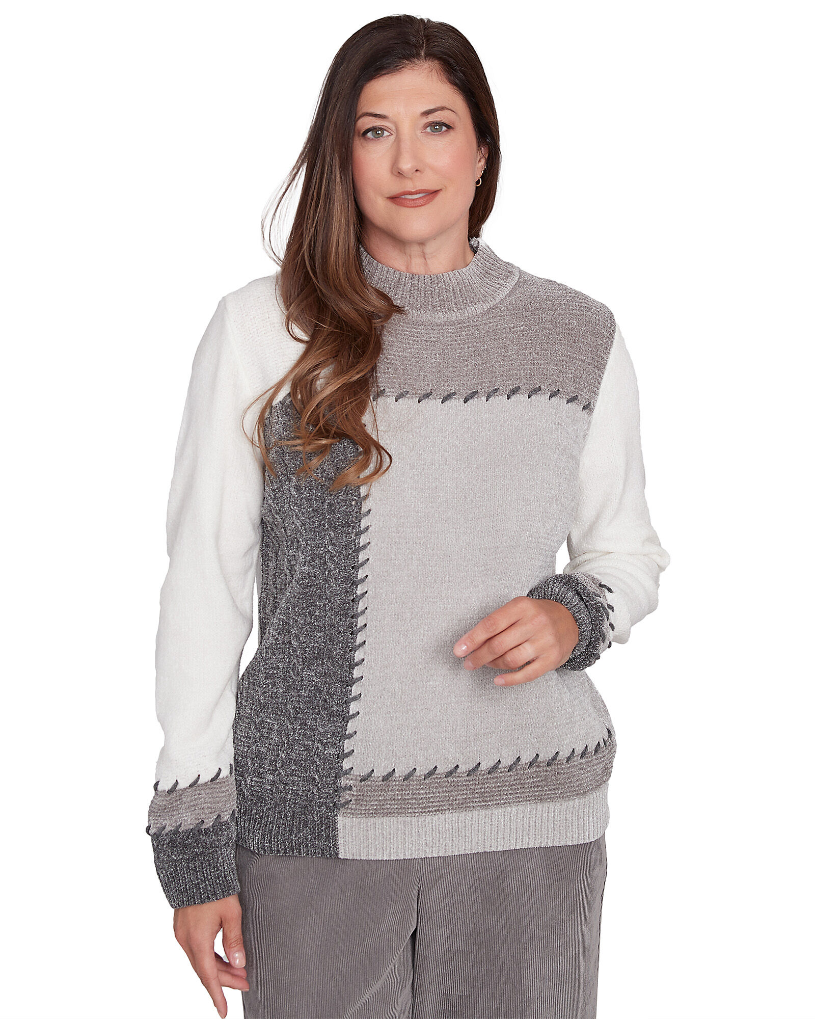 Alfred Dunner Copenhagen Patchwork Knit Long Sleeve Sweater Draper s Damon s