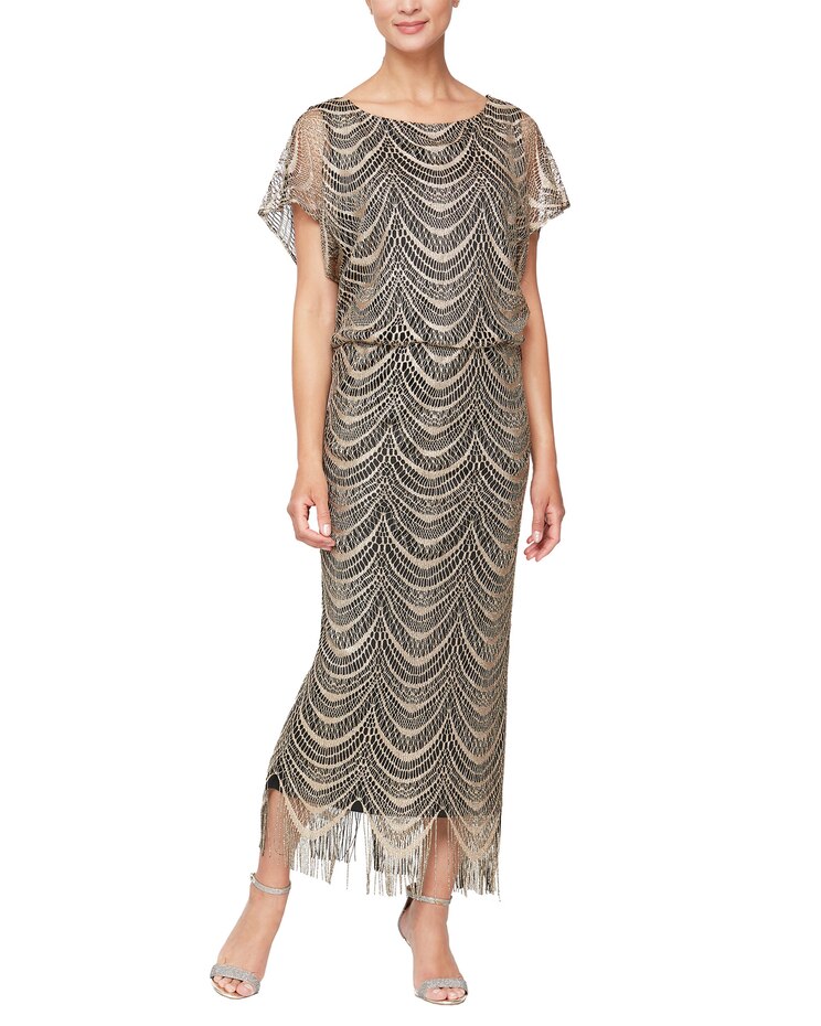 S.L. Fashions Crochet Long Blouson Dress image number 1