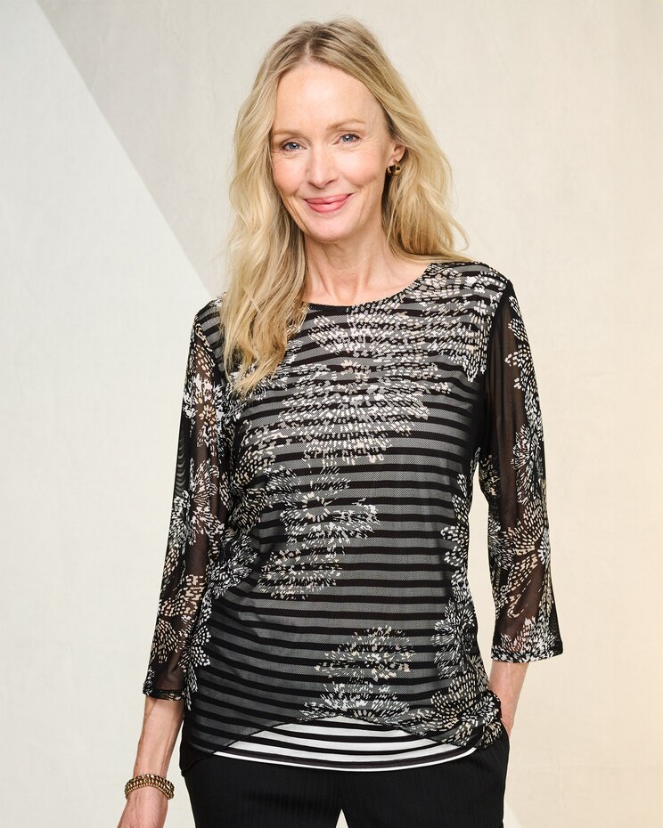 Alfred Dunner Flower Mesh Overlay Stripe Tee image number 1