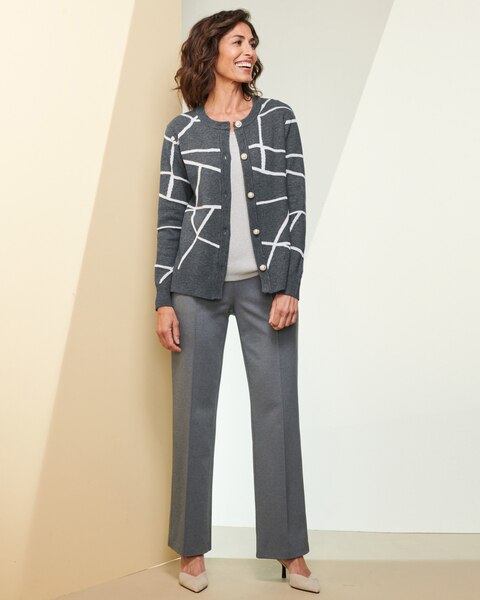 Graphic Pearl Button Sweater Jacket & Slimtacular Creased Ponte Pants