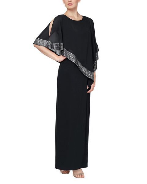 S.L. Fashions Long Dress With Asymmetrical Cape Overlay