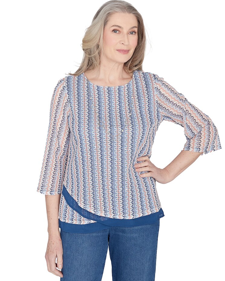 Alfred Dunner® Scottsdale Vertical Texture Woven Trim Top With Necklace image number 1