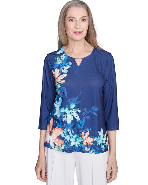 Alfred Dunner® Nantucket Asymmetric Floral Beaded Split Neck Top