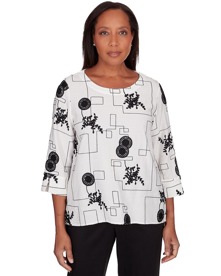Alfred Dunner® Opposites Attract Black & White Geometric Top image number 1