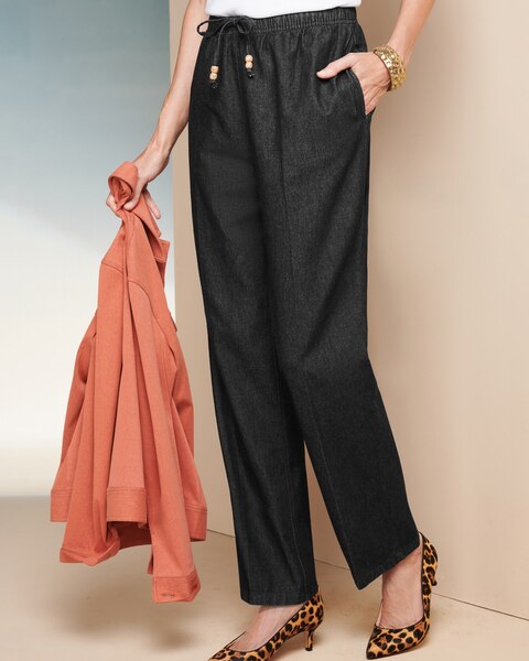 Cotton Drawstring Straight-Leg Pull-On Denim Jeans