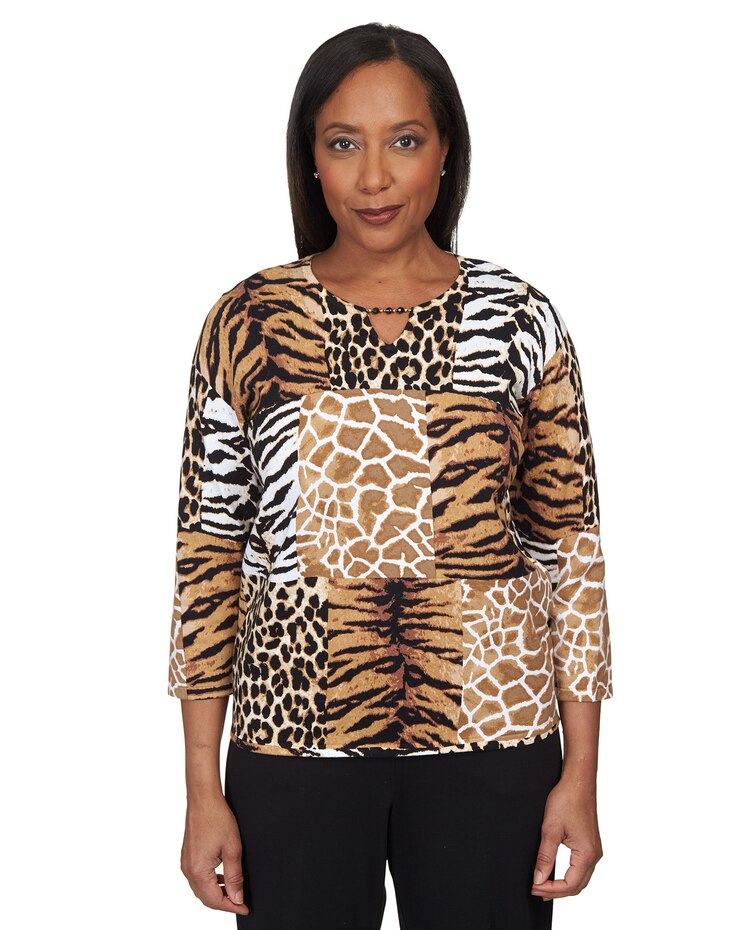 Alfred Dunner® Split Neck Animal Patch Top image number 1