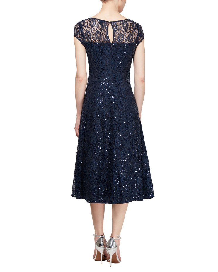 S.L. Fashions Cap Sleeve Tea Length Sequin Lace Dress image number 6