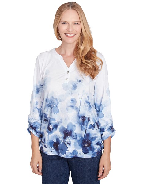 Alfred Dunner® Classics Floral Border Ruched Sleeve Henley Top