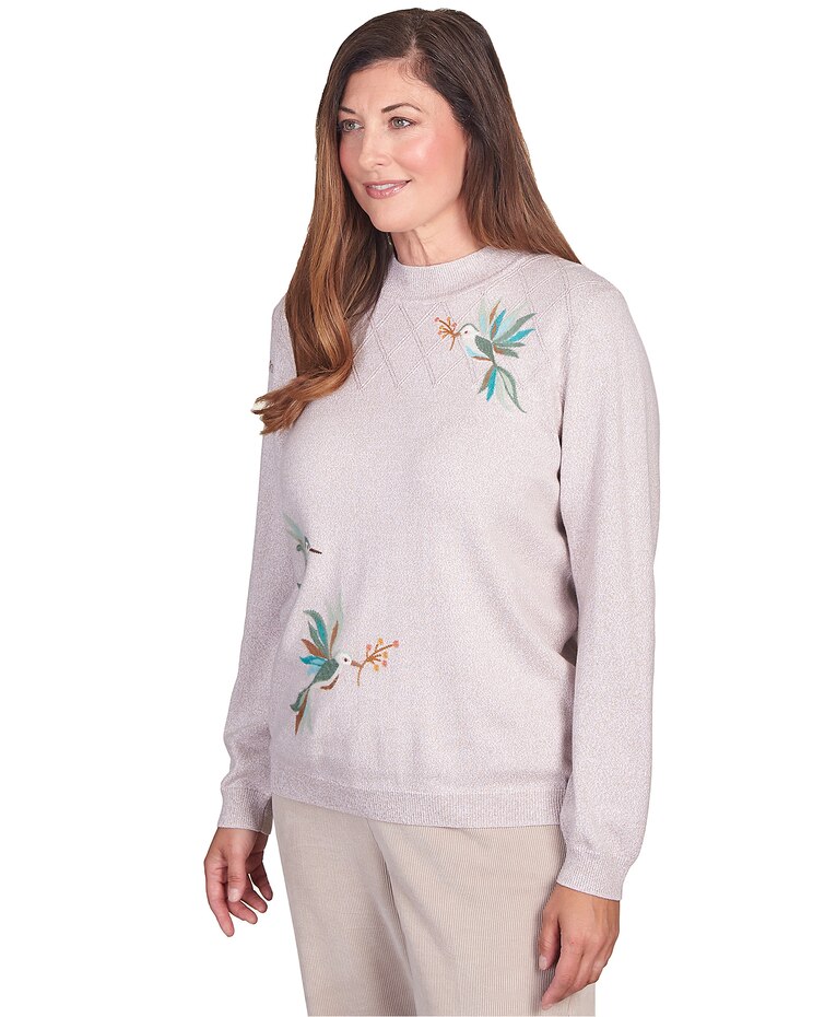 Alfred Dunner® St.Moritz Hummingbird Pointelle Yoke Mock Neck Sweater image number 3