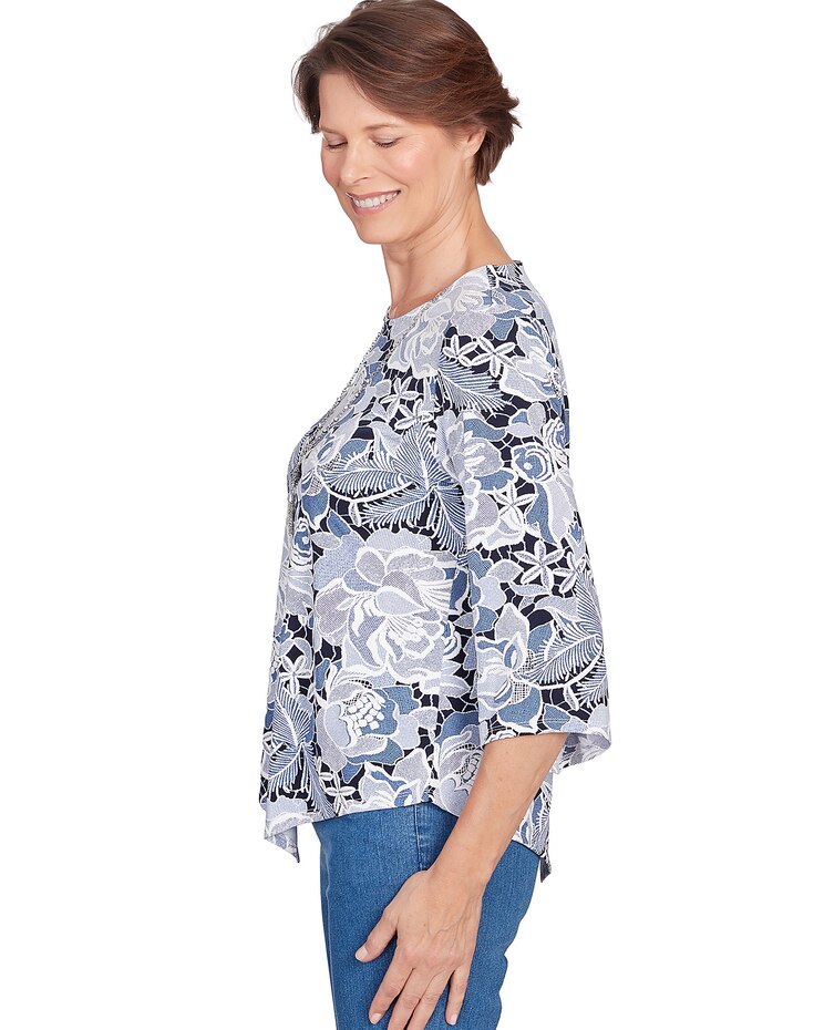 Alfred Dunner® Puff Print Lacey Floral Top with Necklace image number 4