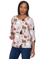 Alfred Dunner® Christmas Cats Three Quarter Sleeve Top thumbnail number 3