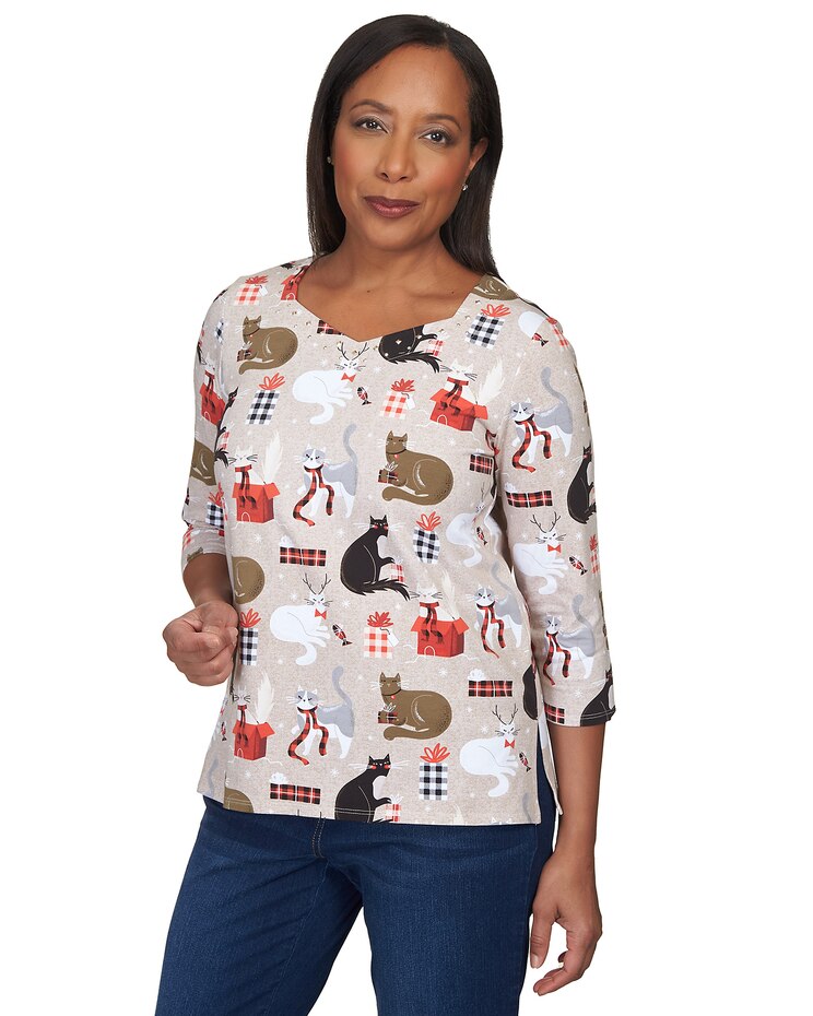Alfred Dunner® Christmas Cats Three Quarter Sleeve Top image number 3