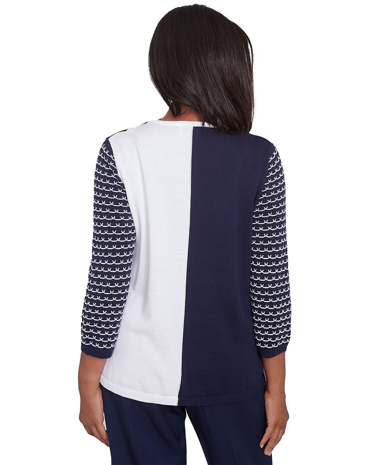 Alfred Dunner® Block Island Striped Sleeve Colorblock Sweater with Necklace image number 2