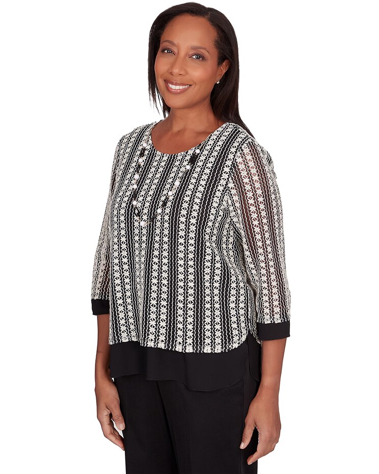 Alfred Dunner® Opposites Attract Striped Texture Top with Necklace image number 3