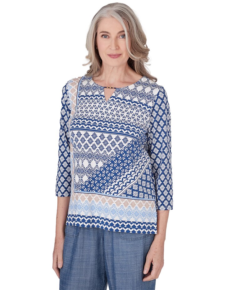 Alfred Dunner® Blue Bayou Geometric Three Quarter Sleeve Top image number 3