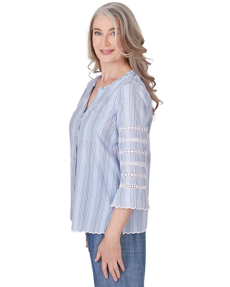 Alfred Dunner® Blue Bayou Pinstripe Embroidered Button Down Top image number 4