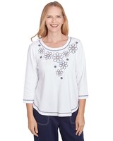 Alfred Dunner® Block Island Floral Embroidered Neckline Three Quarter Sleeve Top thumbnail number 1