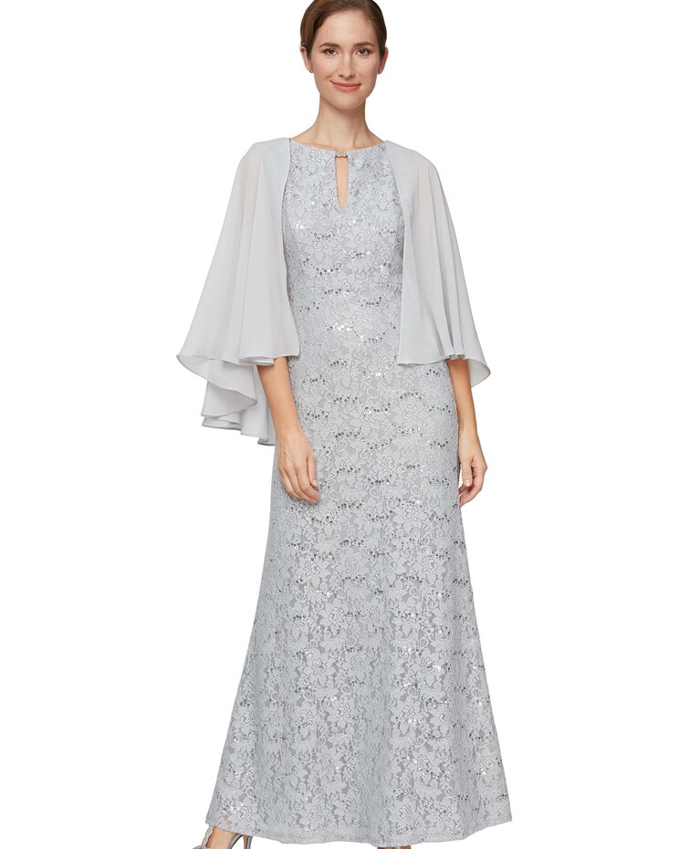 Alex Evenings Attached Cape Long Sequined Lace Gown image number 1