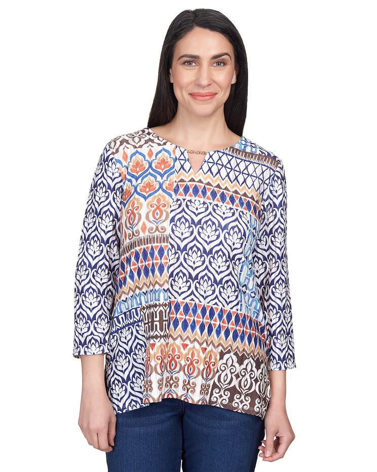 Alfred Dunner® Autumn Weekend Printed Patchwork Split Neck Top image number 1