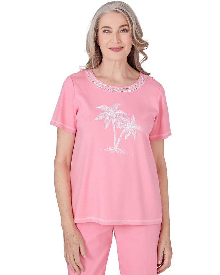 Alfred Dunner® Miami Beach Embroidered Palm Tree Short Sleeve Top image number 1