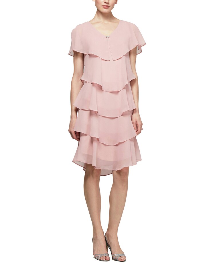 S.L. Fashions Pebble Georgette Caped Tiered Dress image number 1
