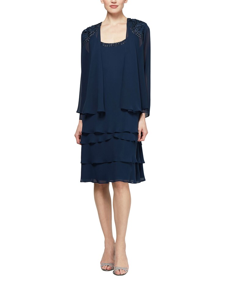 S.L. Fashions Lace Shoulder Beaded Tier Jacket Dress image number 1