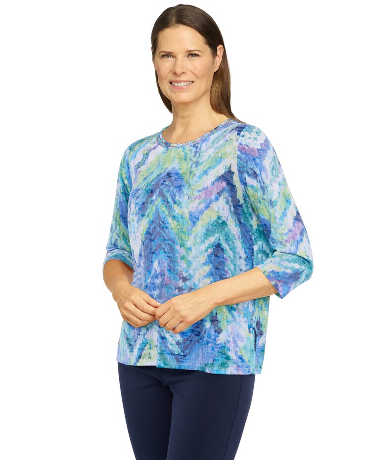 Alfred Dunner® Moody Blues Ikat Chevron 3/4 Sleeve Top image number 3
