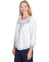 Alfred Dunner® Block Island Floral Embroidered Neckline Three Quarter Sleeve Top thumbnail number 3