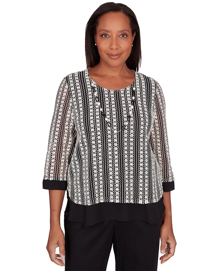 Alfred Dunner® Opposites Attract Striped Texture Top with Necklace image number 1