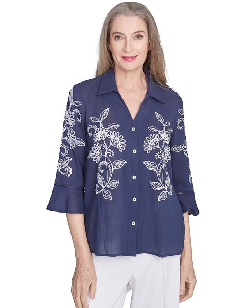 Alfred Dunner® Nantucket Embroidered Marine Button Front Top