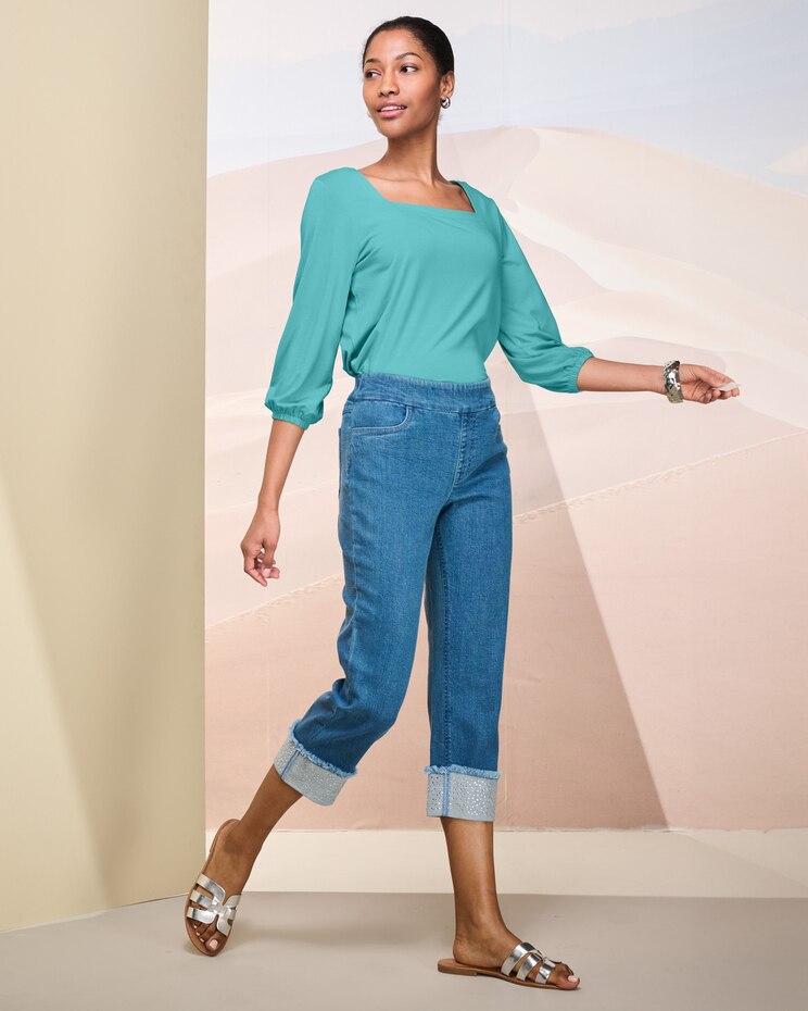 Rhinestone Cuff Denim Capri image number 2