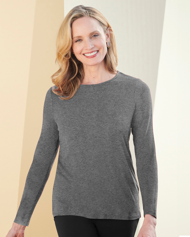 Silky Knit Long Sleeve Jewel Neck Top image number 1