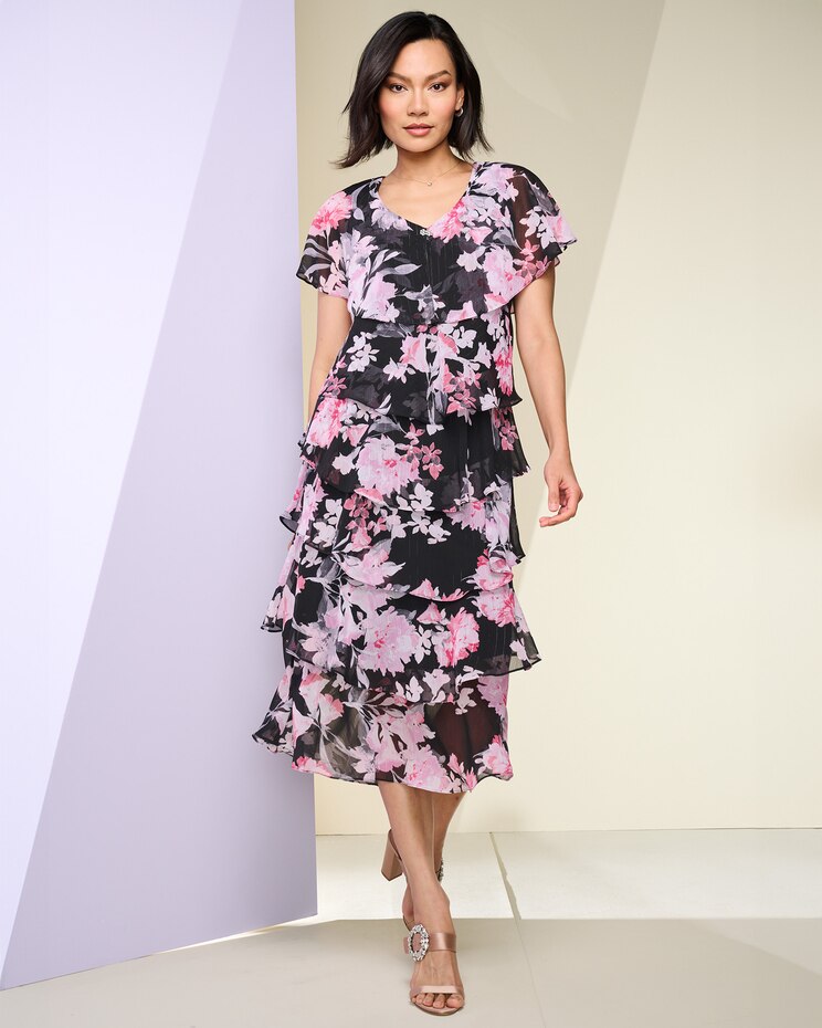 Printed Tea Length Tiered Dress image number 1