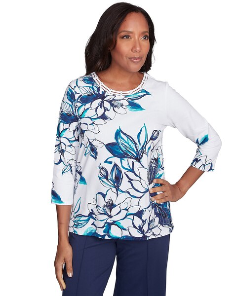 Alfred Dunner® Nantucket Fineline Floral Three Quarter Sleeve Top