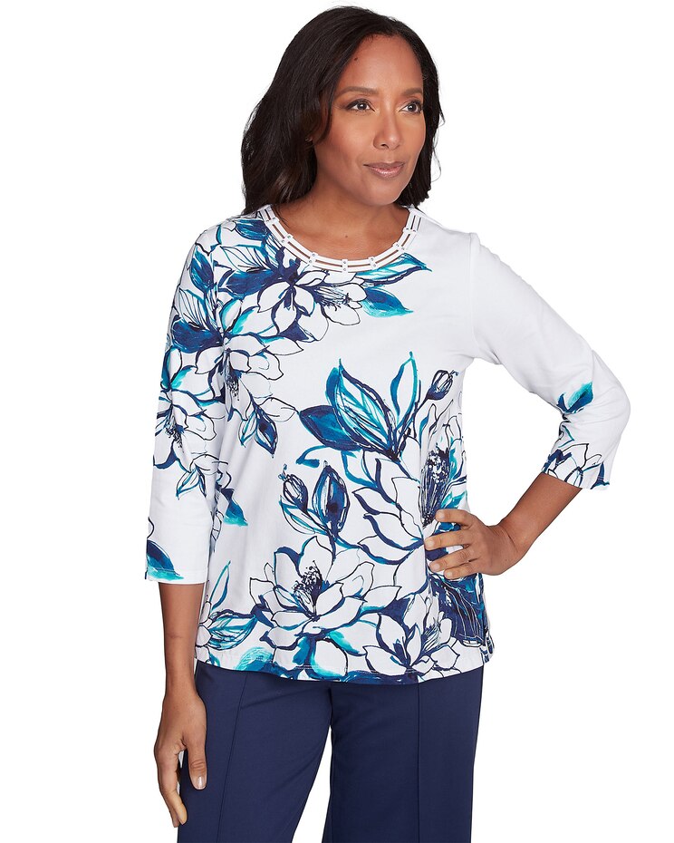 Alfred Dunner® Nantucket Fineline Floral Three Quarter Sleeve Top image number 1