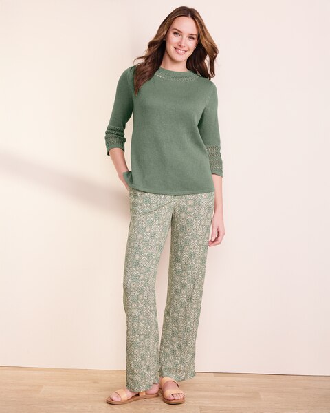 Linen/Cotton Crochet-Trim Pullover 