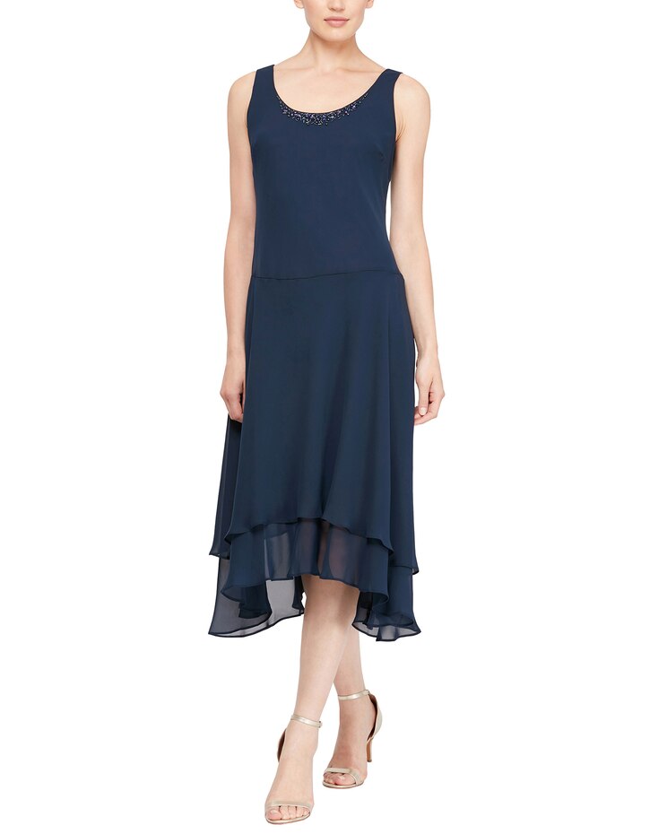 S.L. Fashions Tea Length Embroidered A-Line Dress with Illusion Neckline image number 3