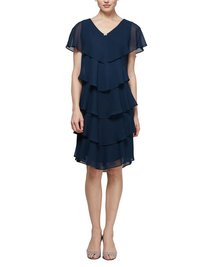 S.L. Fashions Pebble Georgette Caped Tiered Dress image number 1