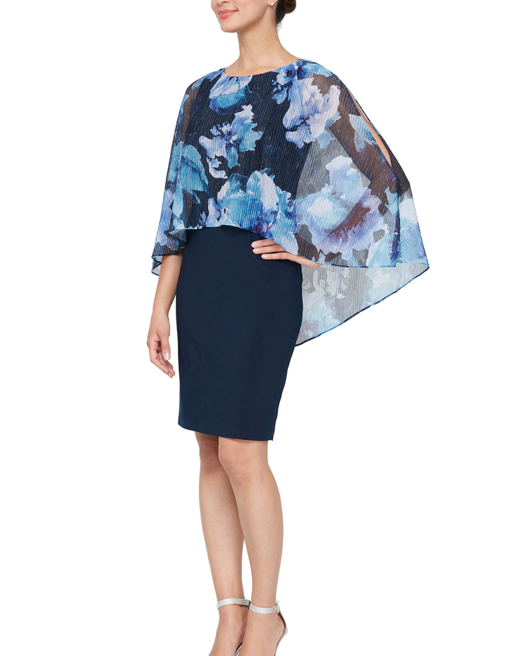 Alex Evenings Attached Cape Shimmer Printed Popover Sheath Dress image number 1