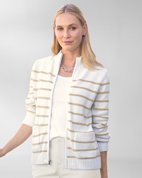 Bayside Cotton Striped Patch-Pocket Zip Cardigan