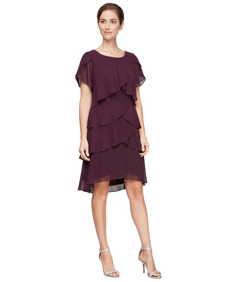 Alex Evenings Bugle Beaded Short Sleeve Tiered Dress image number 1