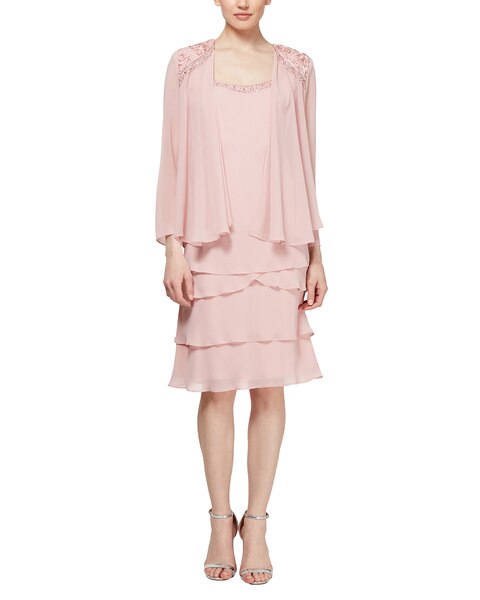 S.L. Fashions Lace Shoulder Beaded Tiered Dress