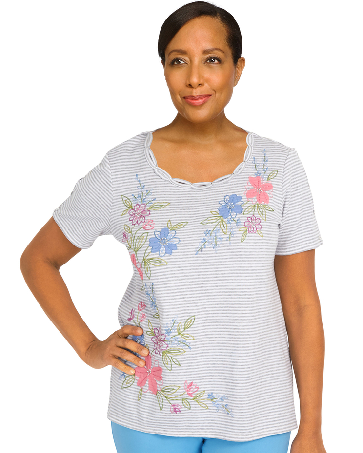 Alfred Dunner® Short and Sweet Floral Mini Stripe Top image number 1