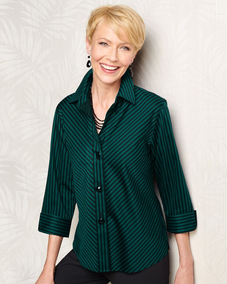 Foxcroft Wrinkle-Free Sateen Bias Stripe 3/4 Sleeve Shirt image number 1