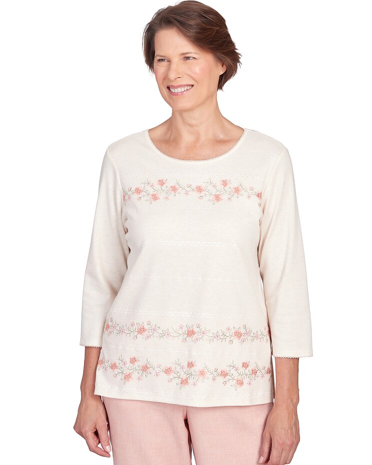 Alfred Dunner® English Garden Flower Biadere Embroidery Split Hem Top image number 1